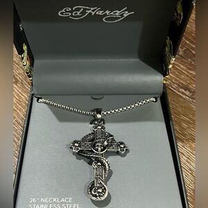 NWT Ed Hardy skull Cross snake stainless steel Necklace 26”